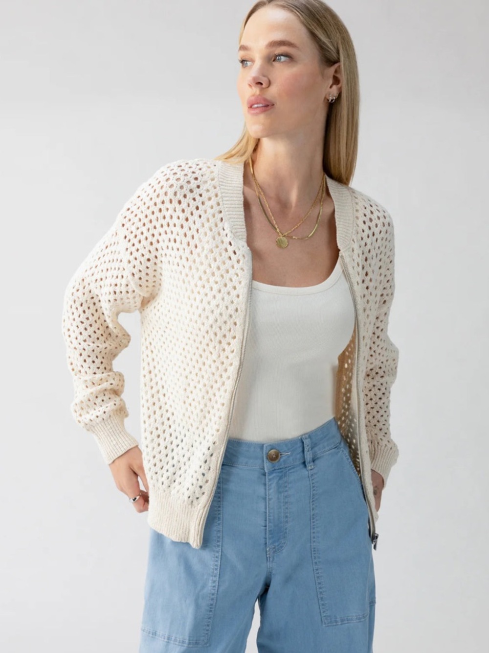 Sanctuary Cream Open-Knit Zip Front Bomber Cardigan Women’s XS